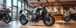 a sleek motorbike gleaming under artificial lighting in a bustling gold coast showroom, surrounded by modern décor and polished floors, showcases its roadworthy status against an urban backdrop.