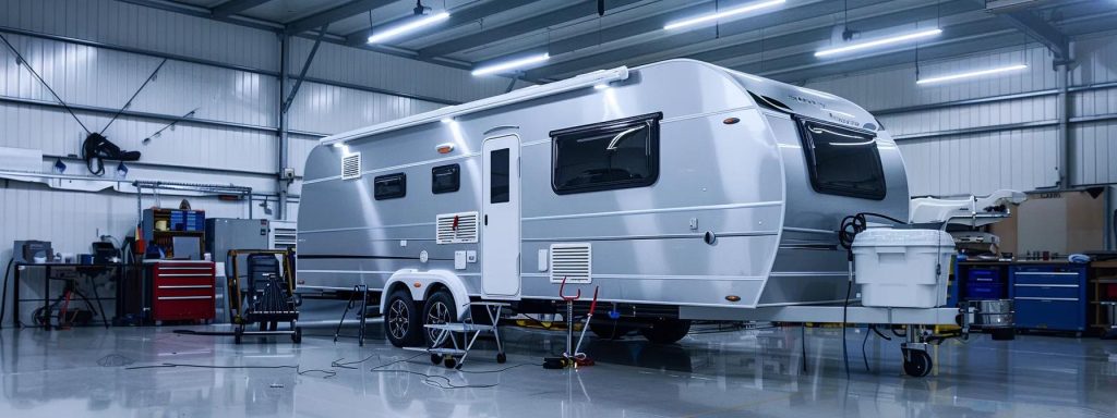 a sleek, well-maintained caravan is parked in a modern workshop on the gold coast, showcasing its polished exterior under bright fluorescent lights, with various tools and equipment neatly arranged in the background to emphasise a rigorous roadworthy inspection process.