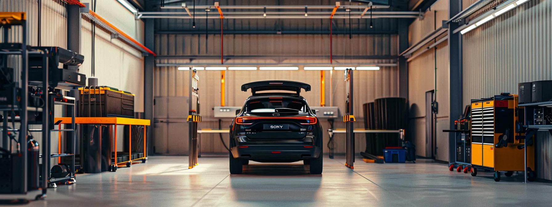 a sleek, well-maintained vehicle stands in a modern urban garage, surrounded by checklists and safety equipment, epitomising the meticulous preparation required for a rideshare inspection on the gold coast.