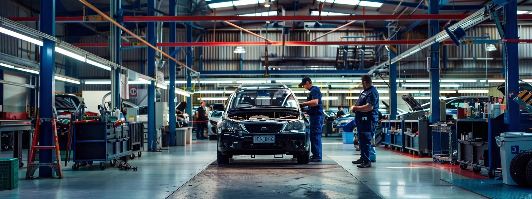 an experienced mechanic diligently examines a vehicle in a well-equipped workshop, surrounded by diagnostic tools and checklists, highlighting the thoroughness and efficiency of the roadworthy certificate inspection process on the gold coast.