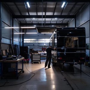 an expert mechanic inspects a sleek trailer in a well-lit, modern workshop on the gold coast, highlighting the precision and professionalism involved in making it roadworthy.