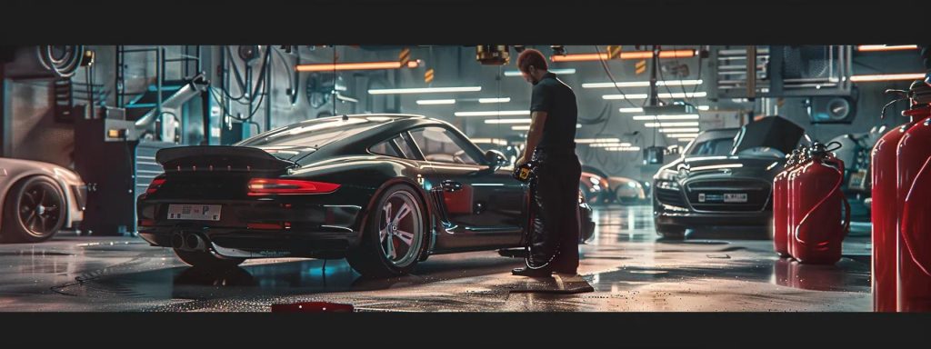 a mechanic inspecting a sports car in a neat garage with high end cars in the background