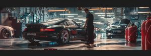 a mechanic inspecting a sports car in a neat garage with high end cars in the background