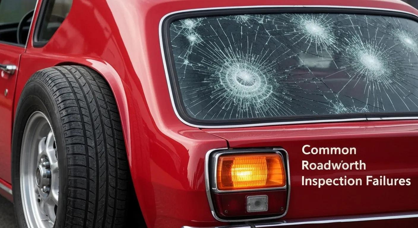 Common vehicle defects leading to roadworthy inspection failures: worn tyres, burnt-out lights, cracked windscreen