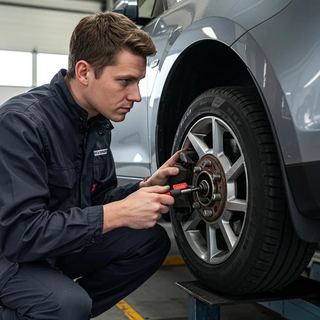 Technician inspecting vehicle brakes during safety certificate inspection