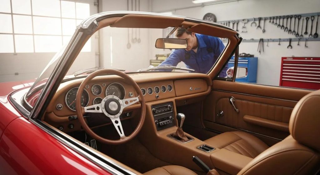 Classic convertible car interior with a mechanic inspecting the dashboard, highlighting vehicle maintenance and roadworthy inspections in a workshop setting.