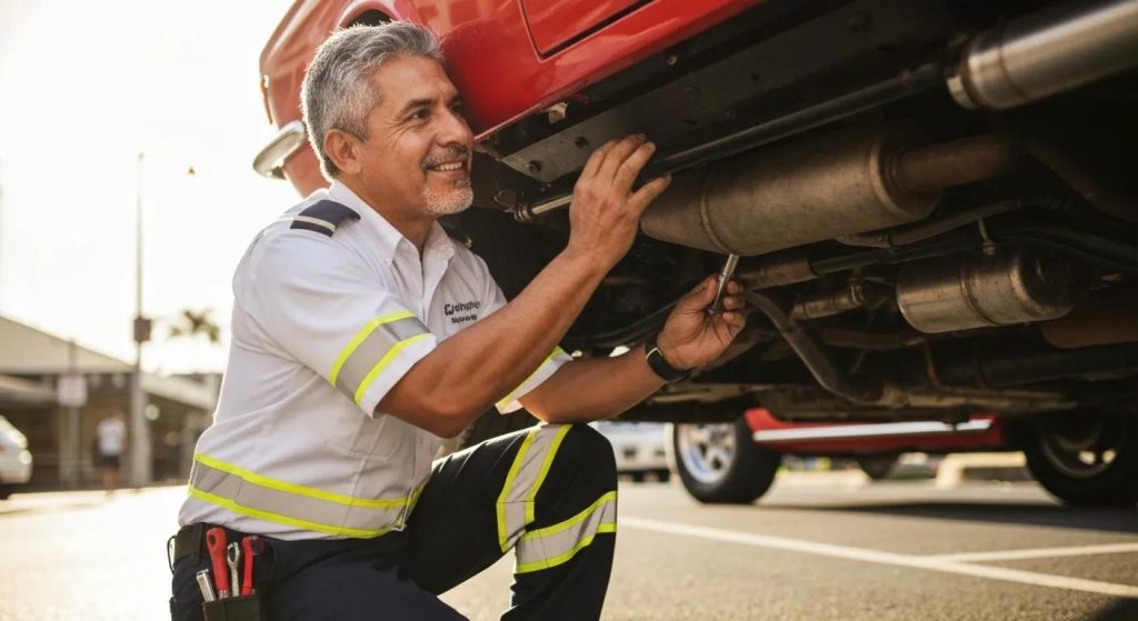 Mechanic inspecting vehicle undercarriage during mobile roadworthy inspection on the Gold Coast.