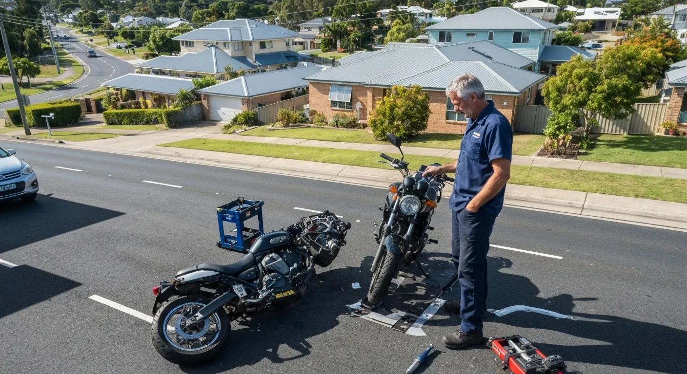 Motorcycle inspection in progress on the Gold Coast, technician assessing vehicle safety with tools and equipment.
