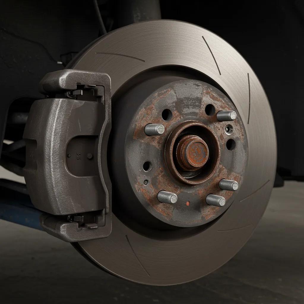 Brake system components including a rusted brake disc and caliper, highlighting potential defects leading to roadworthy inspection failures.