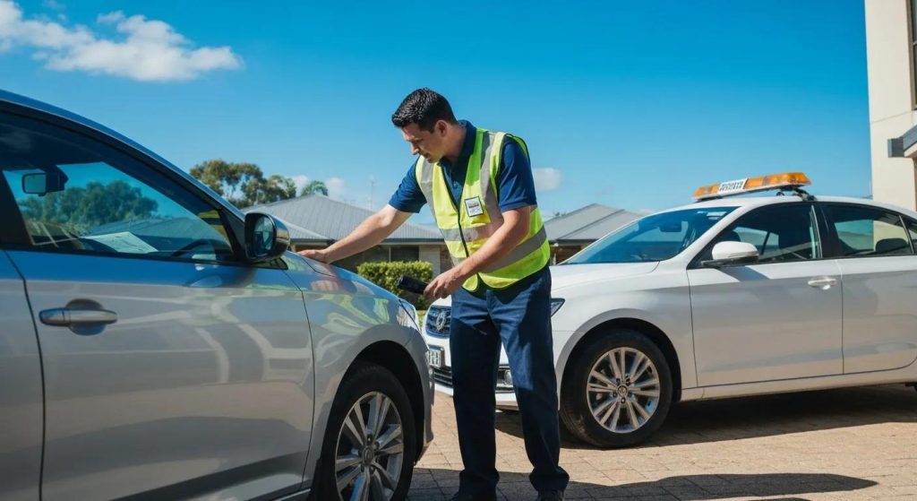 Man in a safety vest inspecting a vehicle during a mobile roadworthy inspection on the Gold Coast, with a second vehicle and residential background visible.
