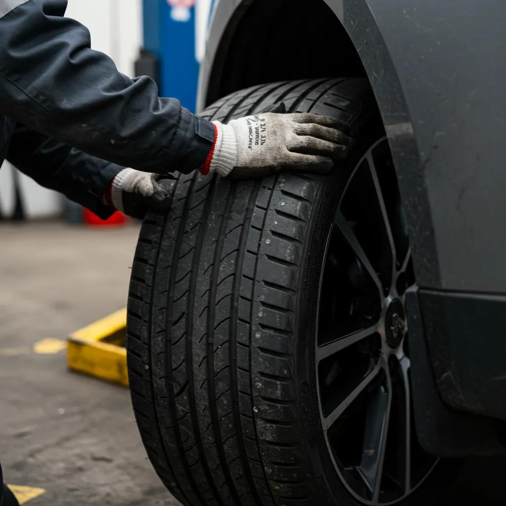 Mechanic inspecting vehicle tyre for defects and tread depth, highlighting importance of tyre condition for roadworthy inspections.
