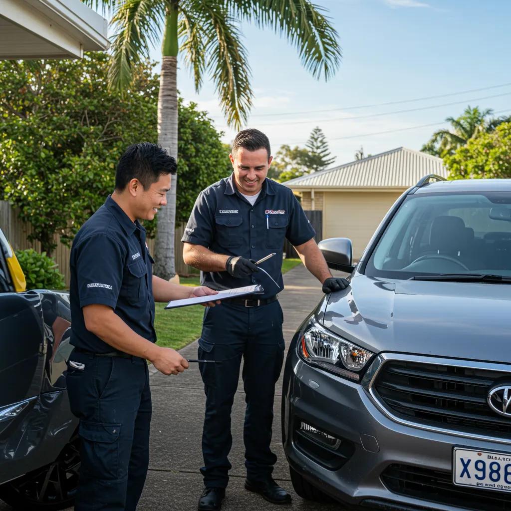 Two technicians inspecting a vehicle during a mobile roadworthy inspection in a residential area, with safety equipment and a clipboard in hand, emphasizing convenient vehicle certification services on the Gold Coast.