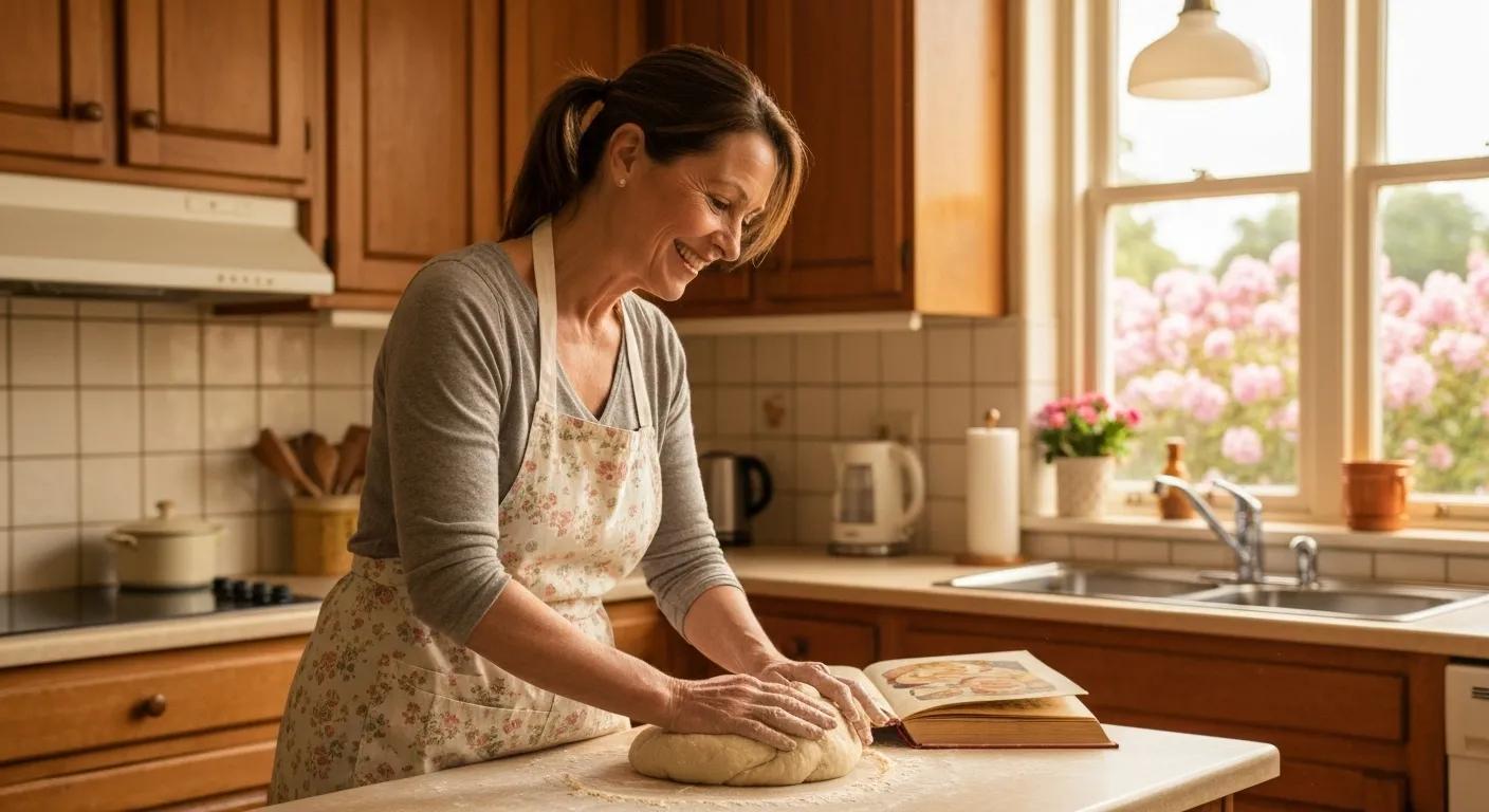 Woman kneading dough in a warm kitchen, with a recipe book open nearby, surrounded by wooden cabinets and natural light from the window.