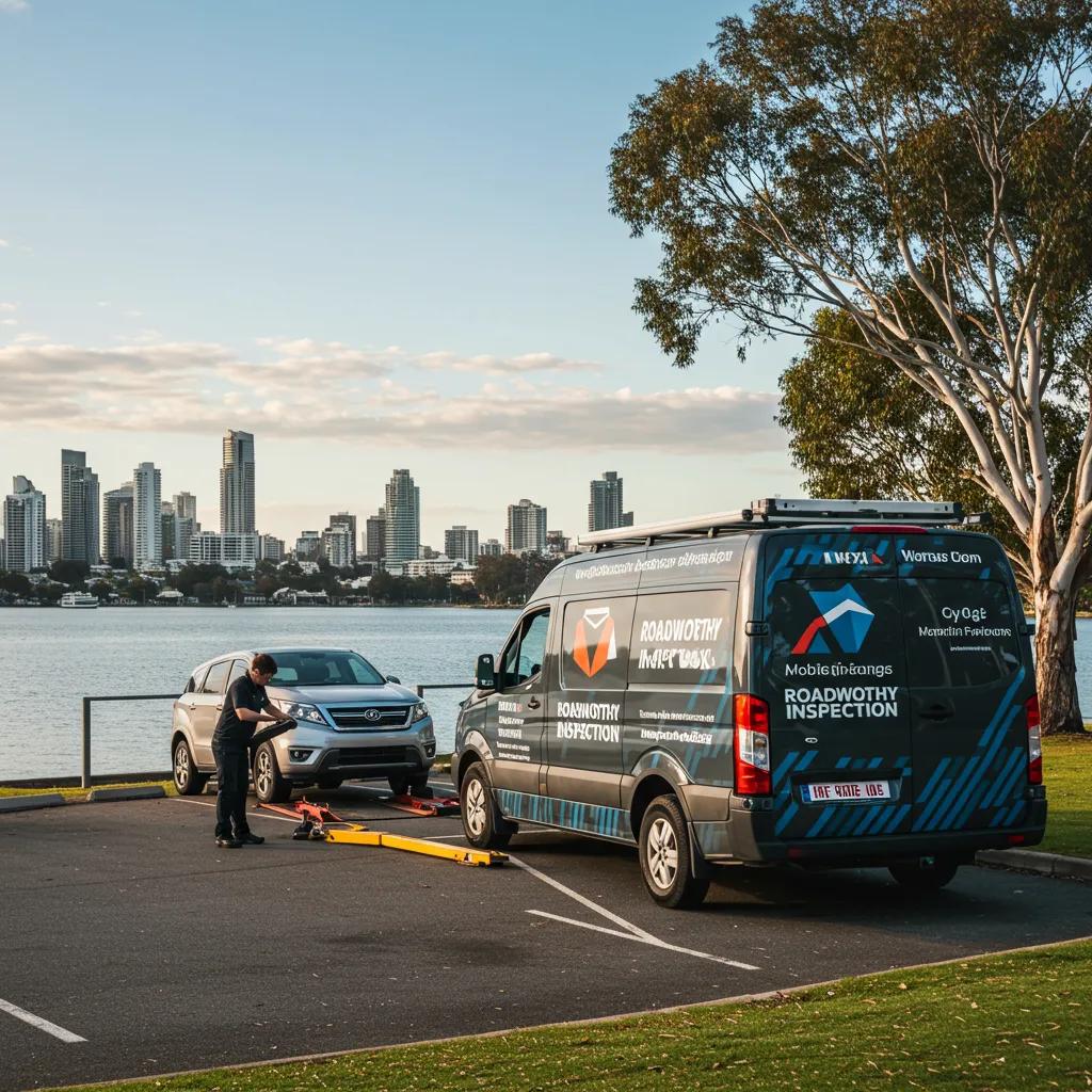 Mobile roadworthy inspection van servicing a vehicle near the Gold Coast skyline, emphasizing convenience and compliance for caravan roadworthy certificates.