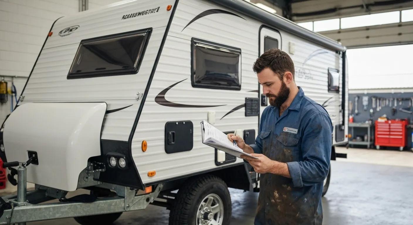 A mechanic meticulously reviewing a detailed checklist during a camper trailer roadworthy inspection