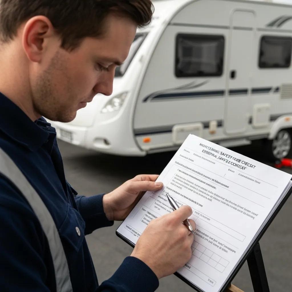 Technician consulting a caravan safety inspection checklist during an inspection