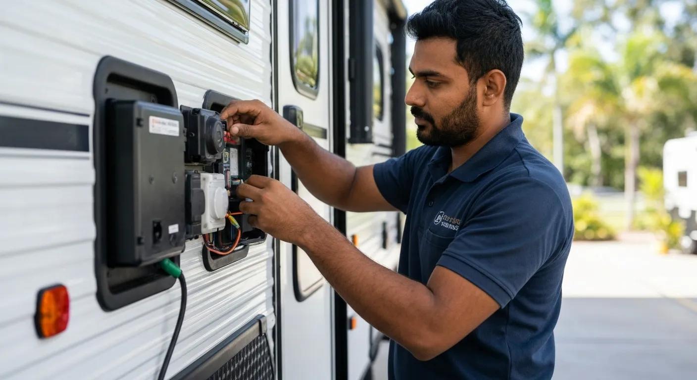 Technician inspecting electrical components on a caravan, ensuring compliance for roadworthy certification in Queensland.