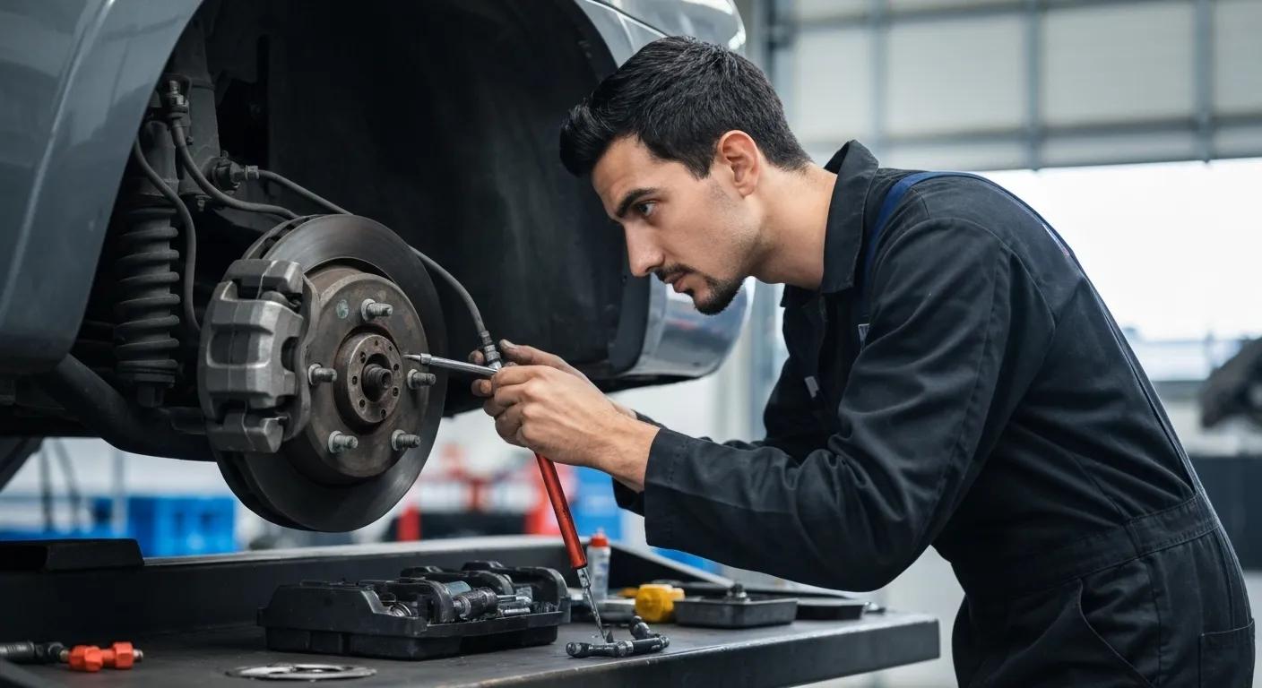 Certified mechanic inspecting a vehicle's brake system during a roadworthy inspection