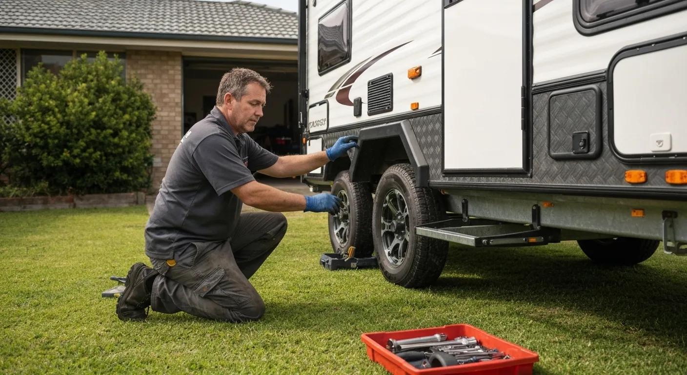 A certified mechanic performing a mobile roadworthy inspection on a camper trailer at a customer's home
