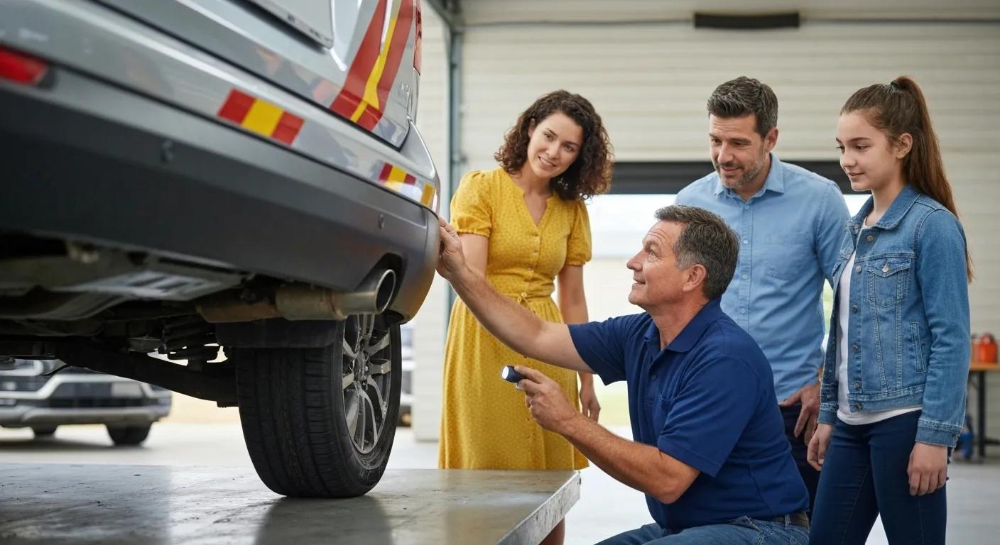 Family interacting with a mobile inspector at home for a roadworthy vehicle inspection