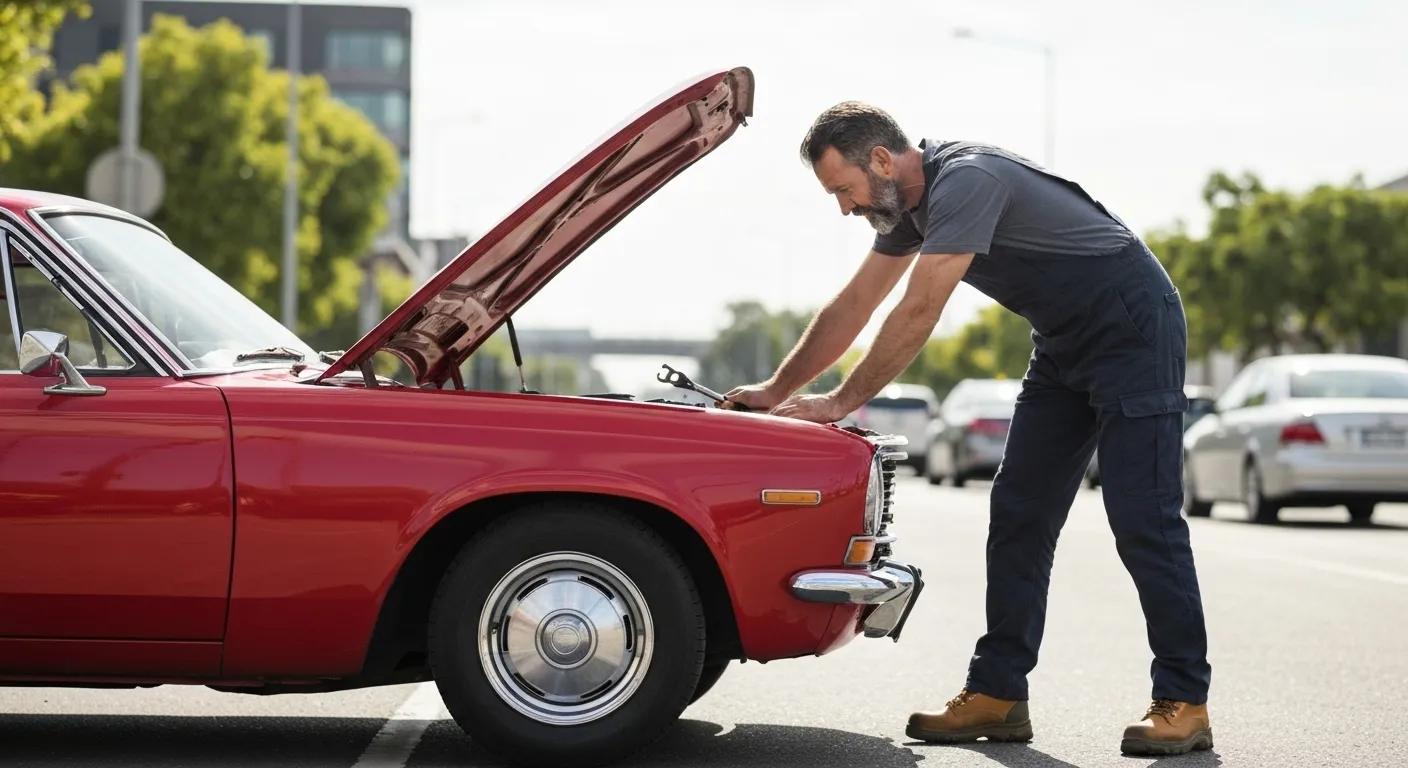 Mechanic inspecting the engine of a red vintage car on a street, highlighting mobile roadworthy inspection services in Burleigh Heads.