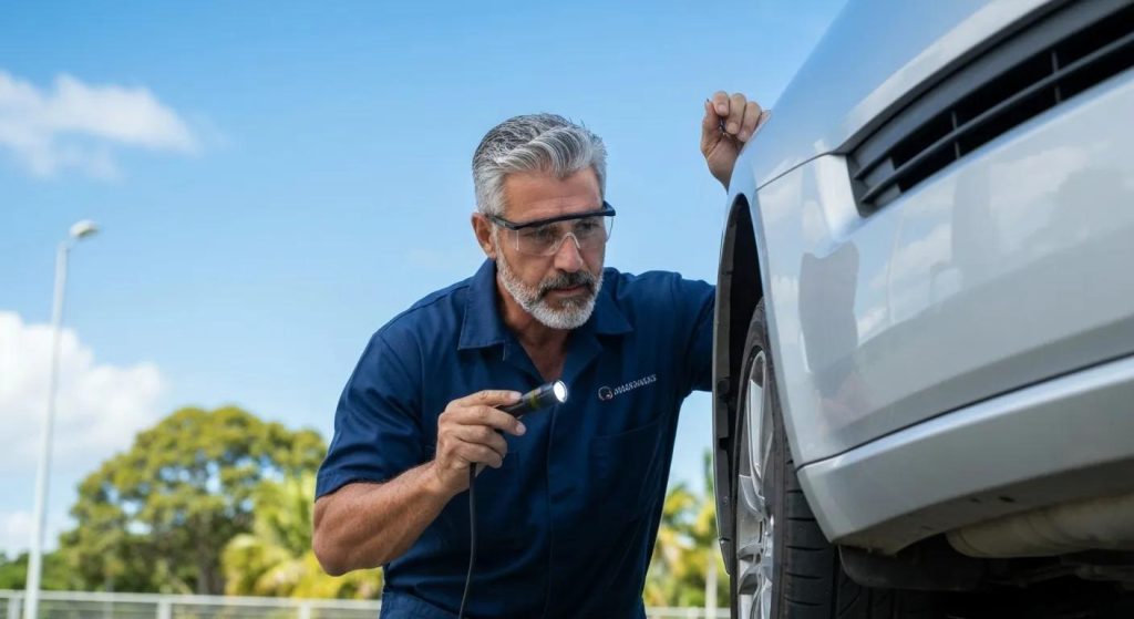 Expert vehicle inspector checking a car on the Gold Coast