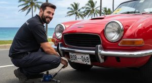 Mobile mechanic performing a roadworthy inspection on a car in Burleigh Heads, offering quick safety certificate services
