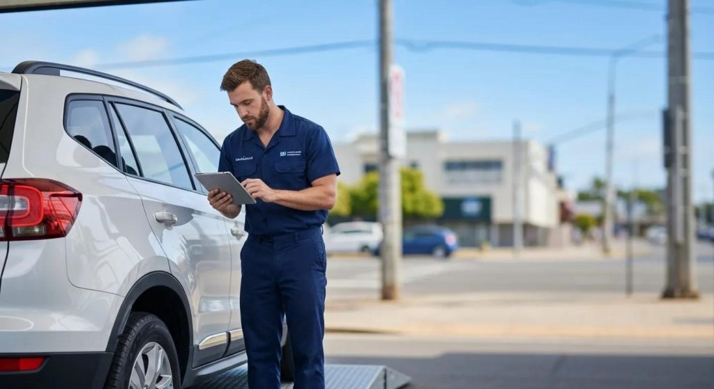 Mobile vehicle inspection service on the Gold Coast with a certified inspector examining a car