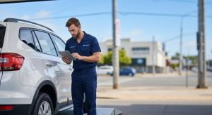 Mobile vehicle inspection service on the Gold Coast with a certified inspector examining a car