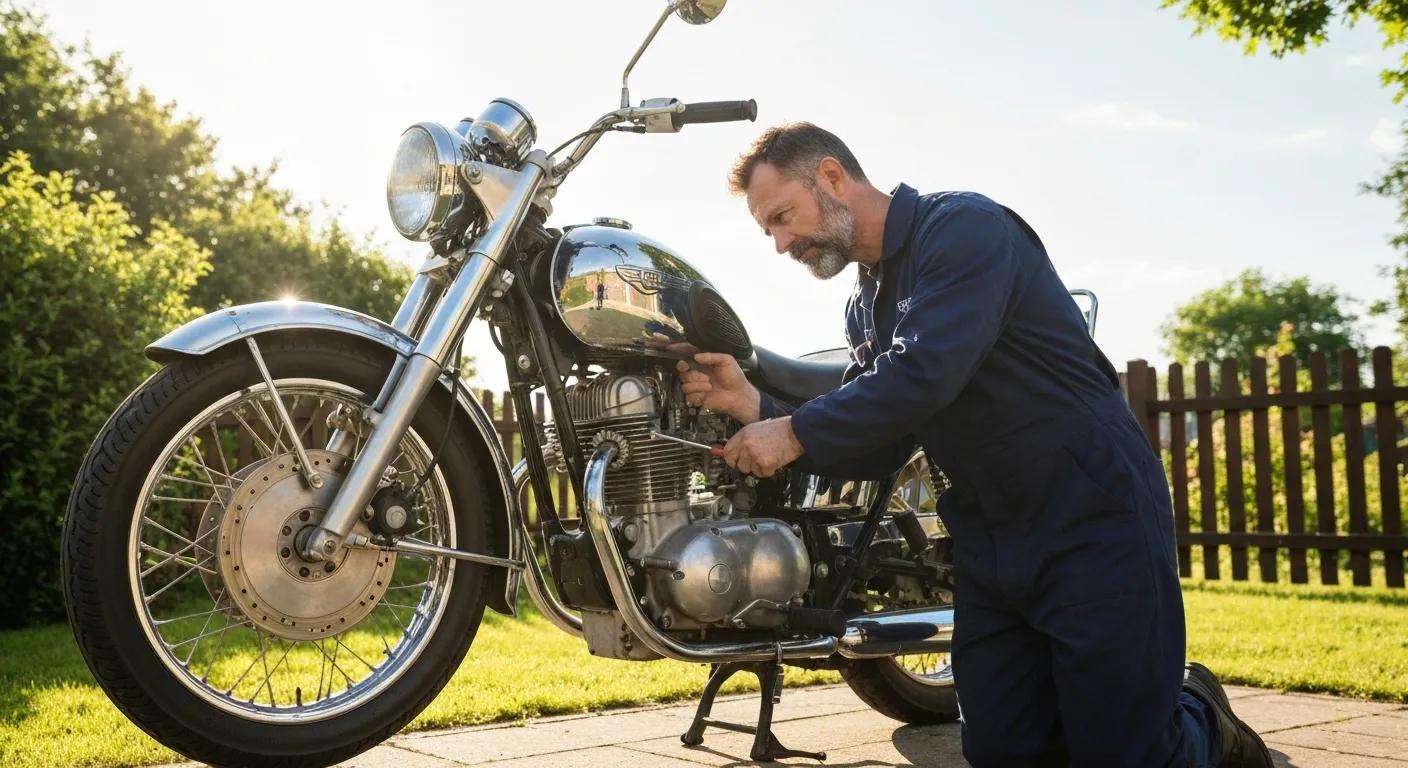 Man inspecting a motorcycle in a green outdoor setting, emphasizing motorcycle safety and roadworthy inspections for compliance in Queensland.