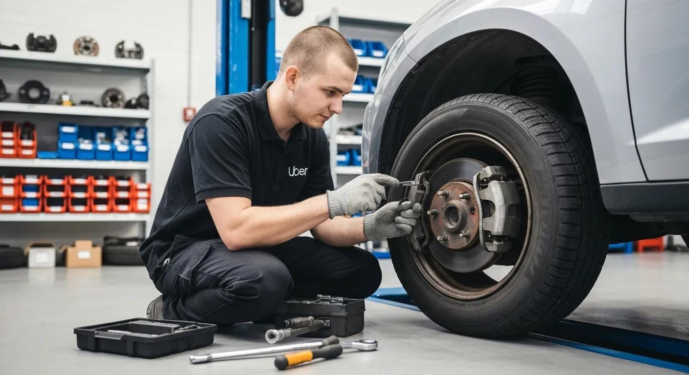 Mechanic inspecting vehicle components like brakes and tyres during an Uber inspection