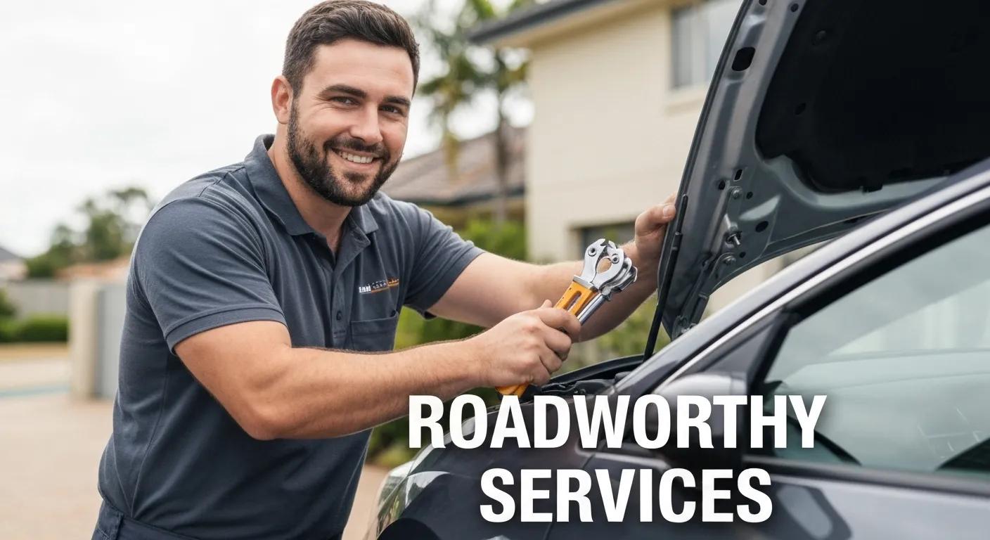 Man performing vehicle inspection with tools, showcasing roadworthy services in Burleigh Heads, emphasizing mobile and affordable roadworthy certificate options.