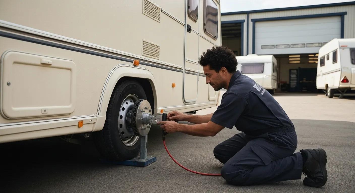 Technician performing a brake test on a caravan during a mobile inspection
