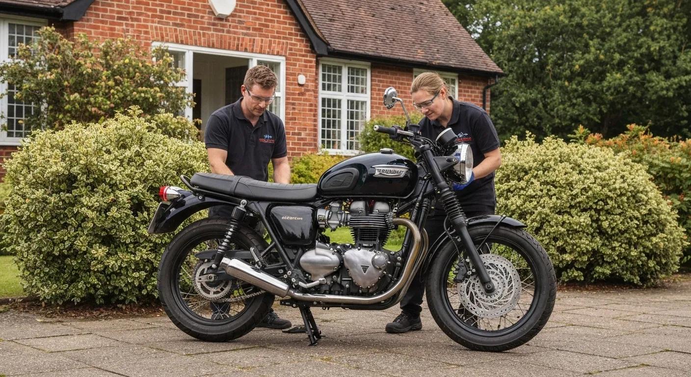 Two mechanics inspecting a motorcycle outdoors, emphasizing mobile motorcycle roadworthy services by Roadworthy Gold Coast, with a focus on safety checks and convenience.
