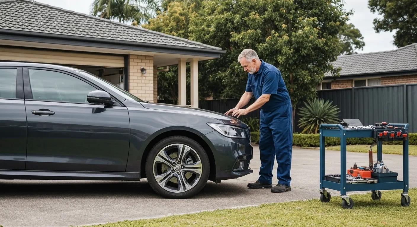 Mobile rideshare inspection service at a home address with a mechanic examining a vehicle