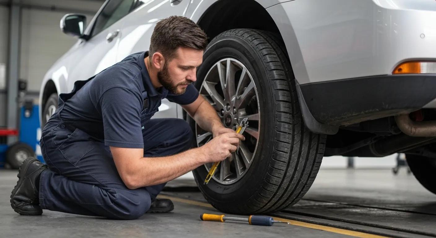 Mechanic inspecting vehicle tyre in workshop, highlighting preparation for roadworthy inspection in Burleigh Heads.