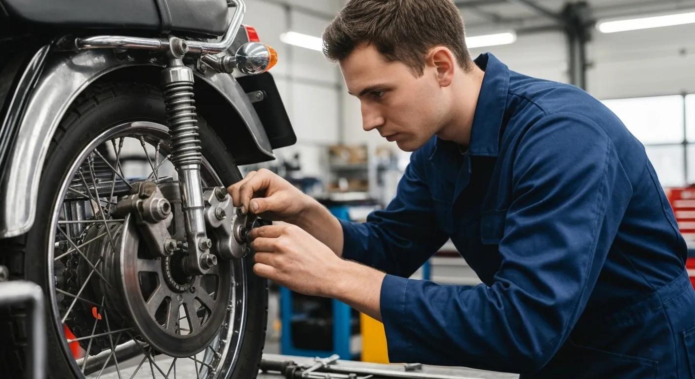 Mechanic inspecting motorcycle brakes in workshop, highlighting importance of safety checks for roadworthy certification in Queensland.