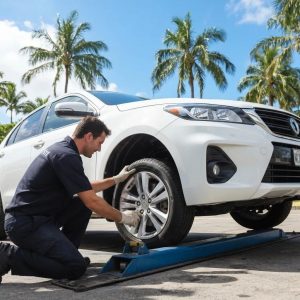Gold Coast mechanic performing a rideshare vehicle inspection, focusing on brakes and tyres