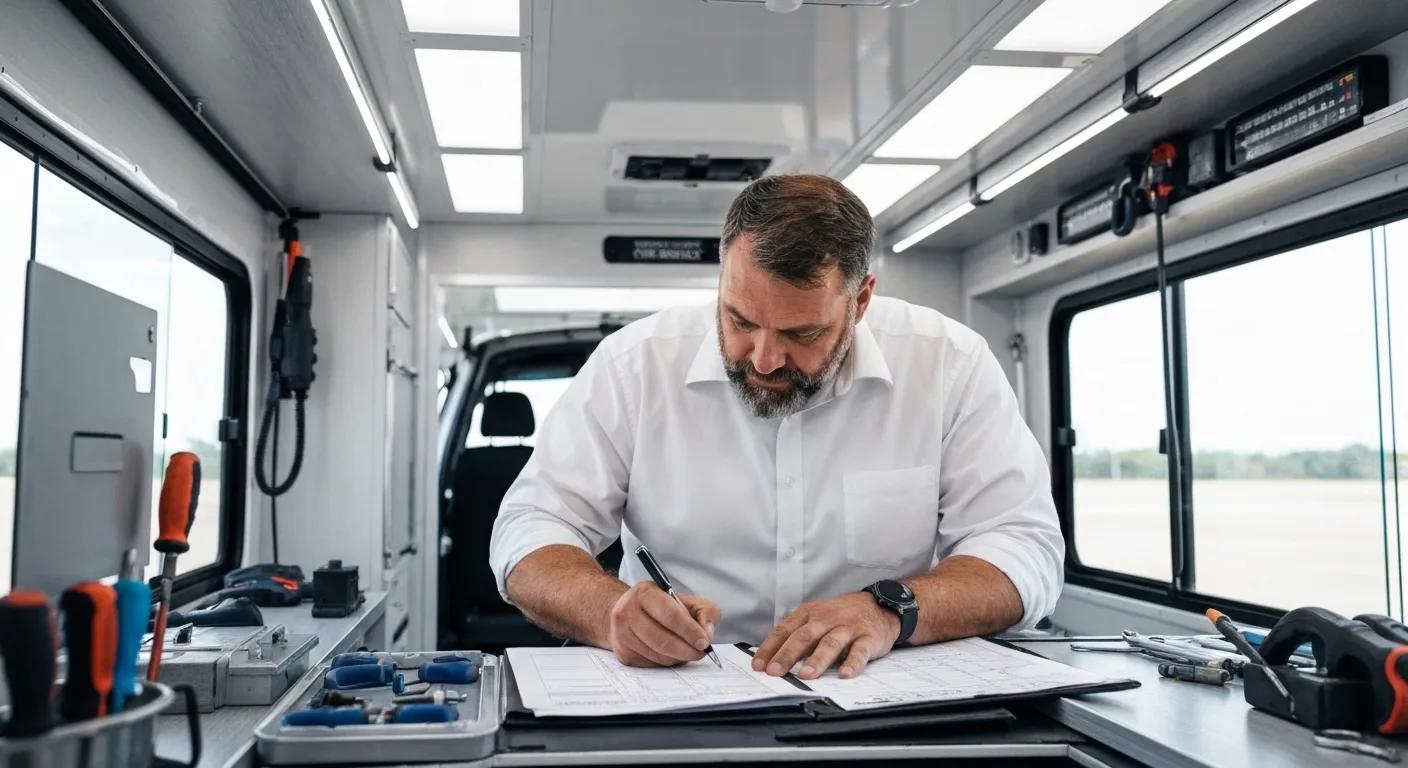 A certified inspector working on a rideshare vehicle inside a mobile inspection unit