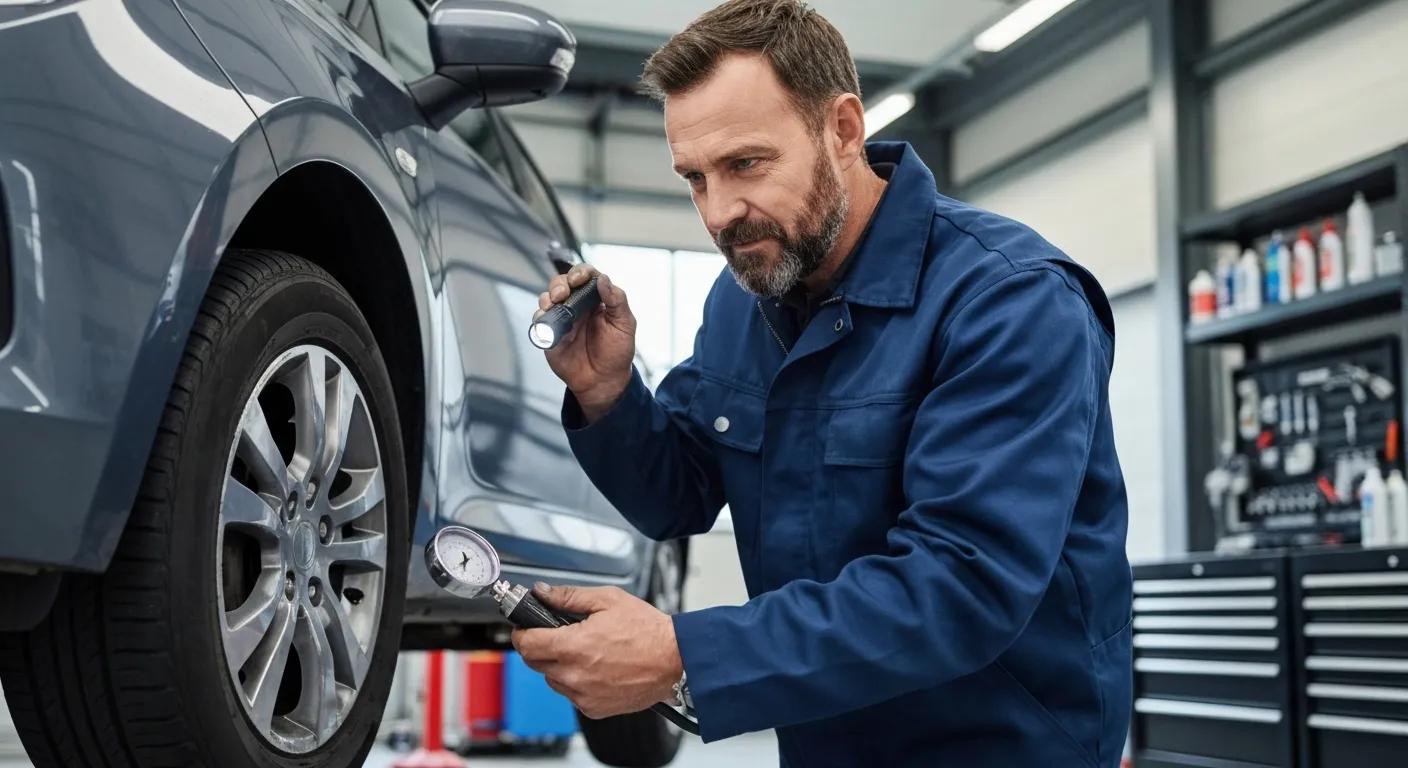 Someone checking a vehicle's tyres and lights in preparation for a COI inspection