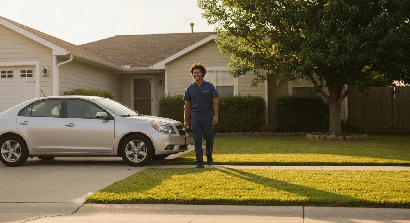 Certified inspector standing next to a silver sedan in a residential area, highlighting mobile vehicle inspection services for rideshare compliance.