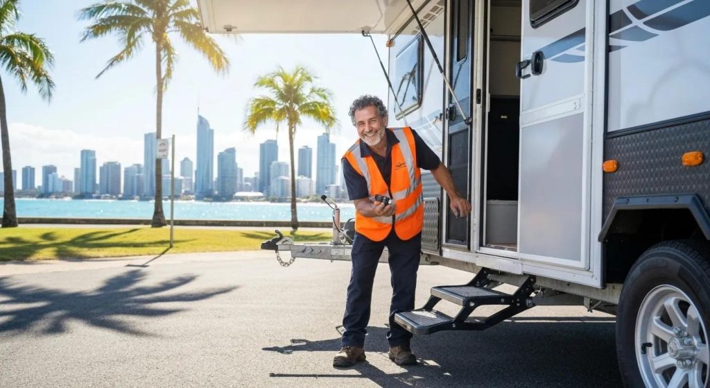 Mobile caravan inspection unit on the Gold Coast with a technician checking a caravan
