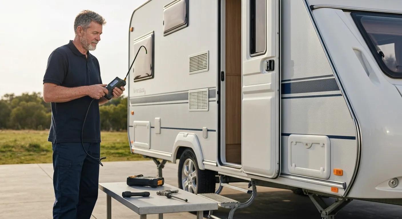 Man inspecting a caravan's gas system with tools, ensuring compliance with safety standards for LPG installations.