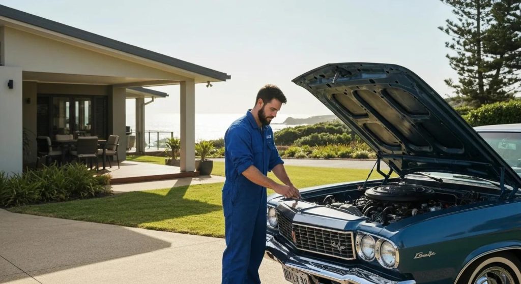 Mobile mechanic checking a car at a Gold Coast home