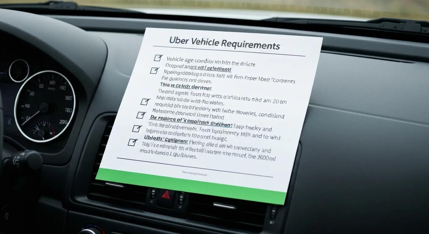 A checklist of Uber vehicle requirements displayed on a car's dashboard, highlighting compliance for rideshare drivers