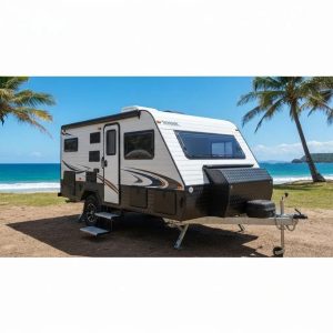 A camper trailer parked on a scenic Gold Coast beach, highlighting the freedom of travel and the importance of a safe, roadworthy vehicle