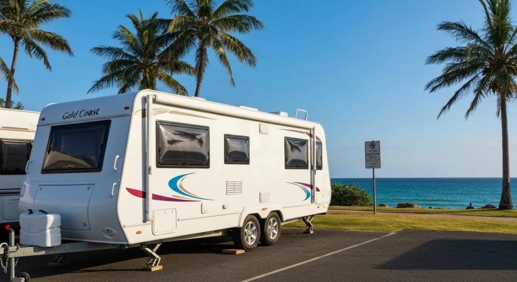 A shiny, well-maintained trailer parked in a Gold Coast setting, ready for the road