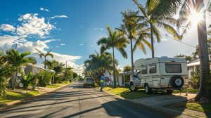 banner image that features a well-maintained caravan parked in a sunny, coastal suburban setting typical of the Gold Coast, Queensland. The caravan should be attached to a 4WD or ute, with a licensed mobile roadworthy inspector in hi-vis gear performing a safety check near the wheels or tow hitch. Include natural lighting, a bright and friendly atmosphere, and subtle background elements like palm trees, a clear sky, and a hint of the ocean or beach nearby. The setting should feel relaxed, professional, and trustworthy, appealing to caravan owners and recreational travellers. No logos or text overlays. Style should be photo-realistic.