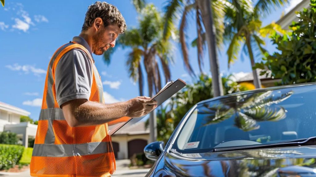 A professional mobile mechanic conducting a safety inspection on a modern sedan used for Uber, parked in a sunny Gold Coast residential street. The mechanic is wearing a branded high-vis vest, holding a clipboard, inspecting tyres or under the hood. Background features palm trees, blue sky, and suburban homes. The Uber sticker is visible on the windshield. Image should evoke trust, professionalism, and convenience.