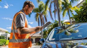 A professional mobile mechanic conducting a safety inspection on a modern sedan used for Uber, parked in a sunny Gold Coast residential street. The mechanic is wearing a branded high-vis vest, holding a clipboard, inspecting tyres or under the hood. Background features palm trees, blue sky, and suburban homes. The Uber sticker is visible on the windshield. Image should evoke trust, professionalism, and convenience.